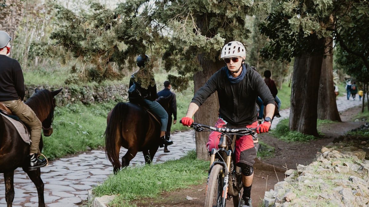 Ciclisti su una pista ciclabile nella campagna pianeggiante